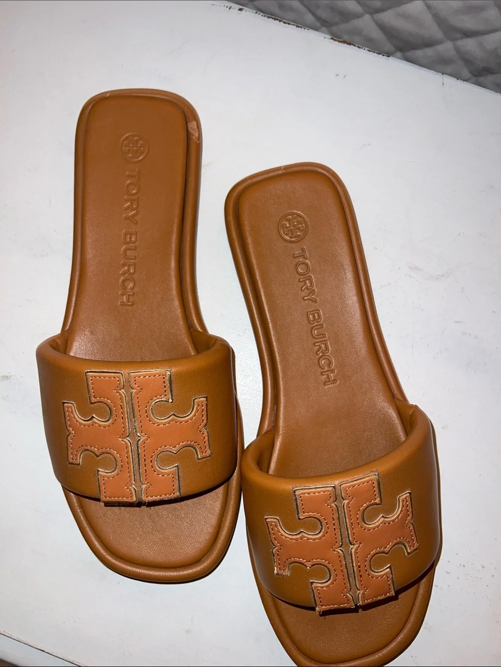 Tory Burch Tan Leather Logo Slide Sandals